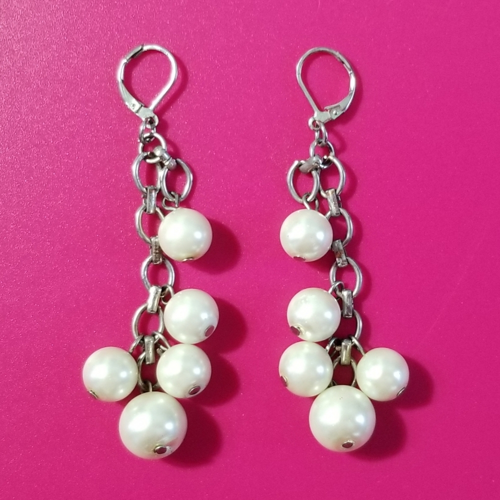 Vintage Lobster Clasp Faux Pearl Dangle Silvertone Fashion Earrings